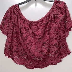 Ambiance Dark Maroon Wine Color Detail Lacy Off the Shoulder Crop Top Size M